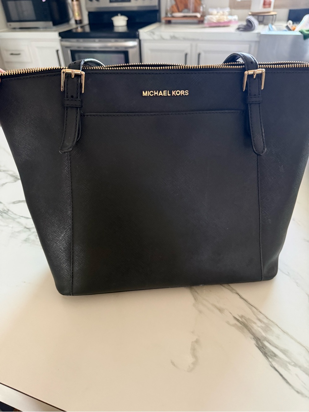 Michael Kors Black Leather Saffiano Tote with Gold Hardware